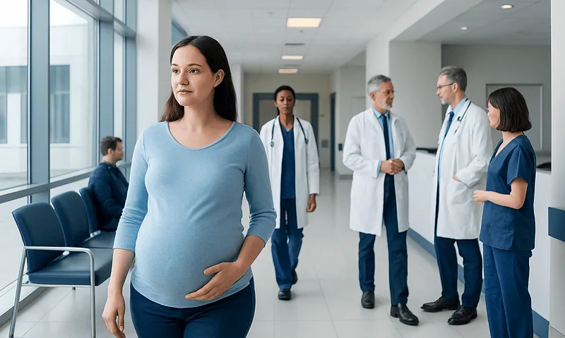 Pregnant woman at hospital with medical staff and doctors in background.