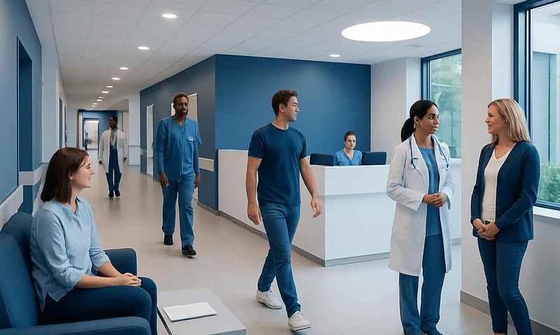 5k to Miles — Explained by Medical Evidence, Not Myths 17 Healthcare professionals and patients in a modern hospital corridor.