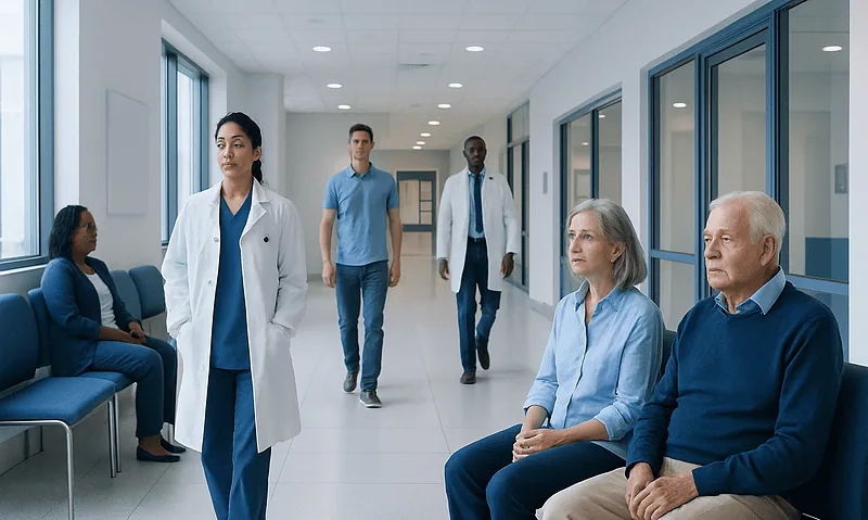 Medical professionals and patients in a hospital corridor.