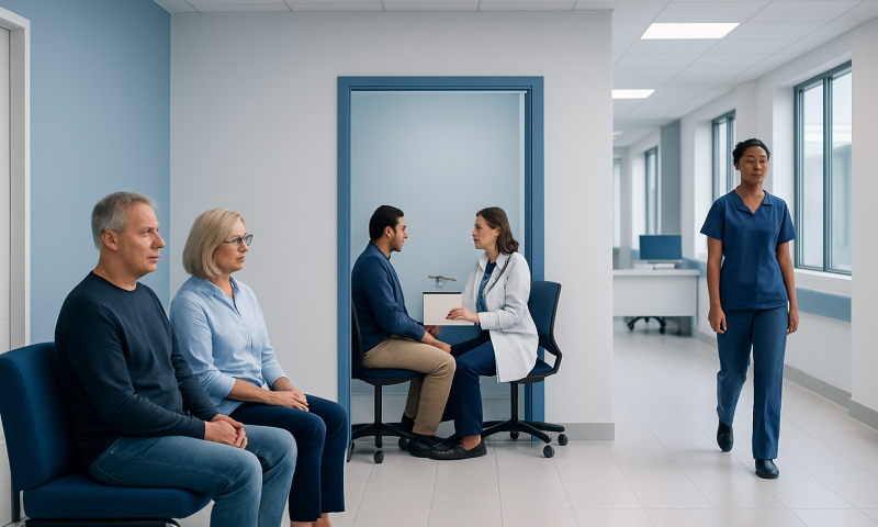 Patients waiting and consulting with a neurologist in a modern hospital.