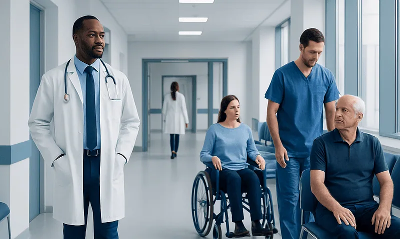 Medical team with patients in a hospital corridor.