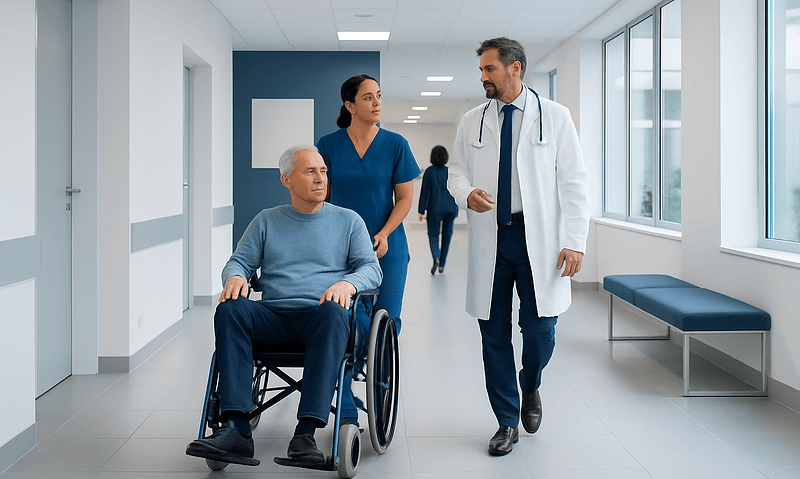 Patient in wheelchair talking with doctor and nurse in hospital corridor.