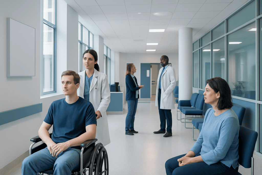 Muscular Dystrophy: Which Muscles Are Affected First? 1 Medical consultation in a modern hospital corridor with patients and doctors.