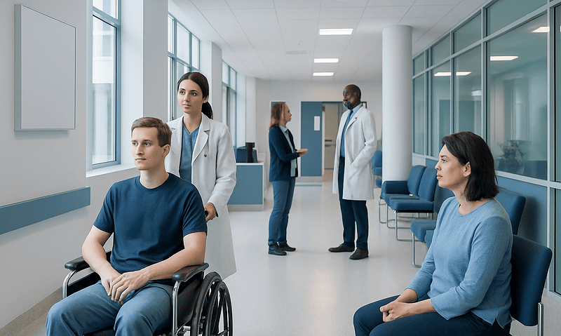 Medical consultation in a modern hospital corridor with patients and doctors.
