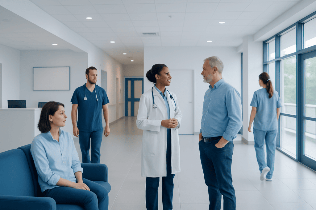 Spinal Dural Arteriovenous Fistula: Early Symptoms, Diagnosis, and Treatment Options 1 Medical team discussing patient care in hospital corridor.