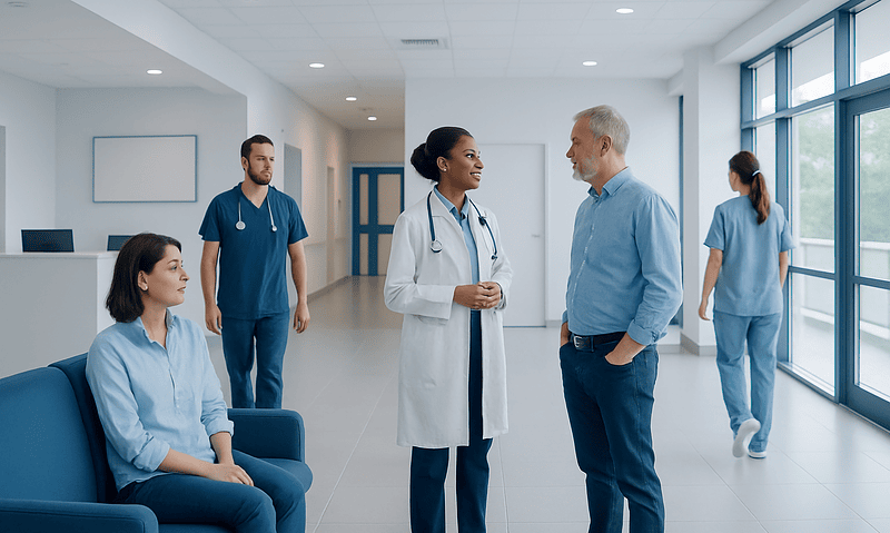 Medical team discussing patient care in hospital corridor.