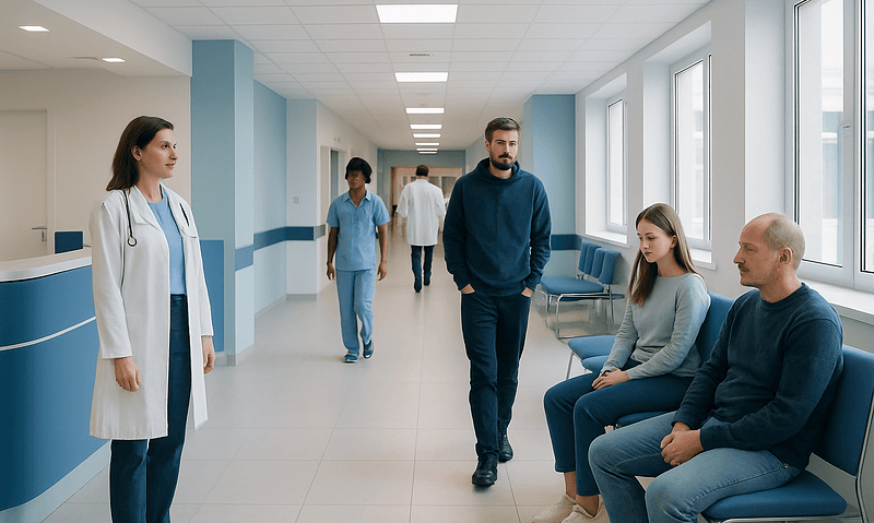 Patients waiting in a hospital corridor with medical staff nearby.