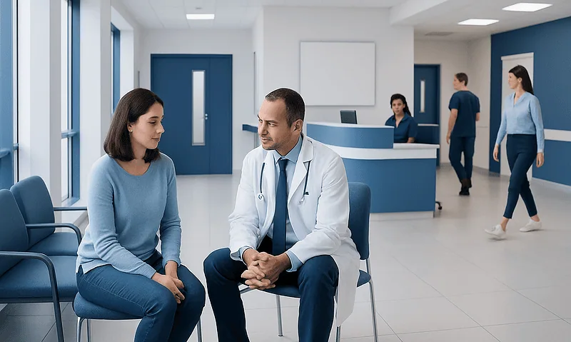 Doctor consulting a patient in a modern hospital waiting area.