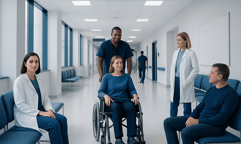 Medical team with patient in wheelchair in hospital corridor.