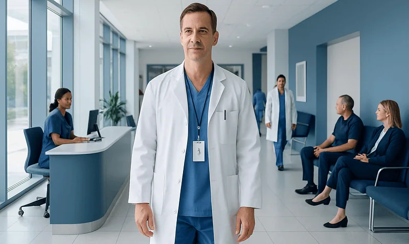 Interventional neuroradiologist in hospital corridor with patients and staff.