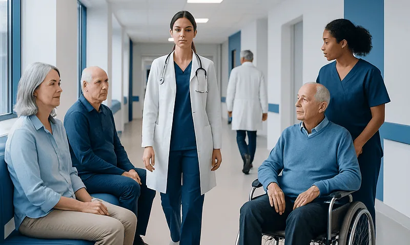 Healthcare professionals consulting elderly patients in hospital corridor.