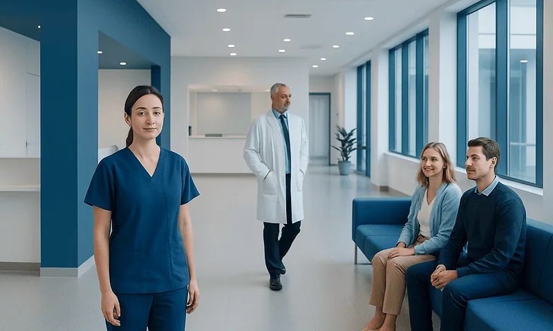 Medical staff and patients in a modern hospital corridor.