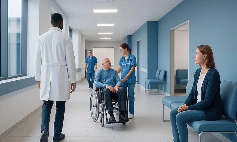 Medical team consulting with elderly patient in hospital corridor.