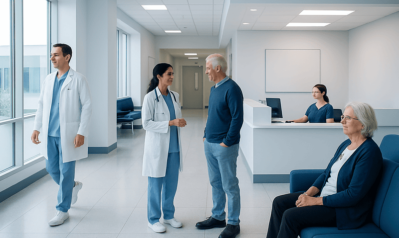 Medical staff and patients in a modern hospital corridor.