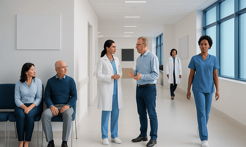 Medical team discussing patient care in hospital corridor.