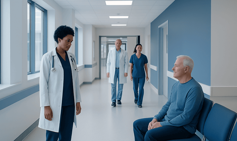 Medical team consulting with a patient in a hospital corridor.