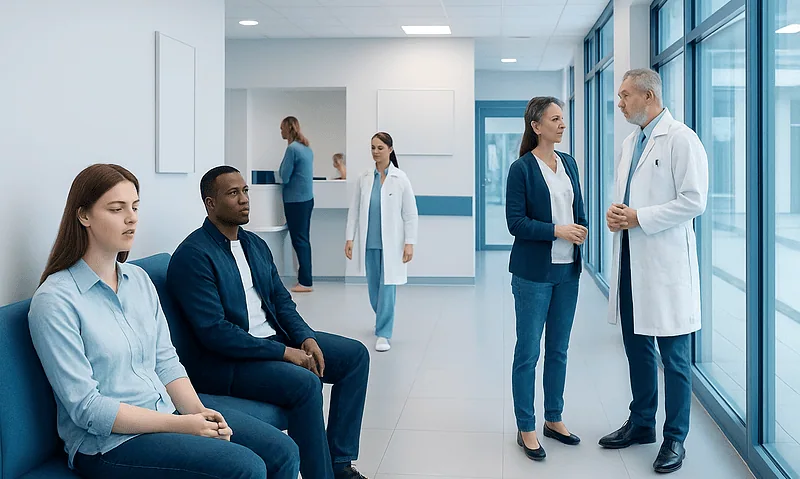 Medical consultation in a modern hospital corridor with diverse patients and doctors.