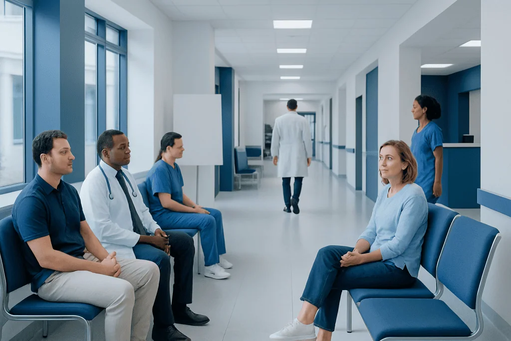 Restless Legs Syndrome: Symptoms, Triggers, and Neurological Treatment Options 1 Medical consultation in hospital corridor with healthcare professionals and patient.