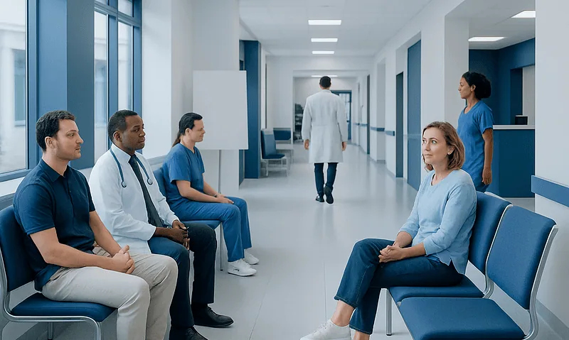 Medical consultation in hospital corridor with healthcare professionals and patient.