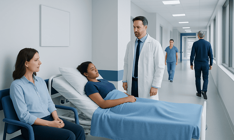 Doctor consulting patient in hospital corridor with visitors nearby.