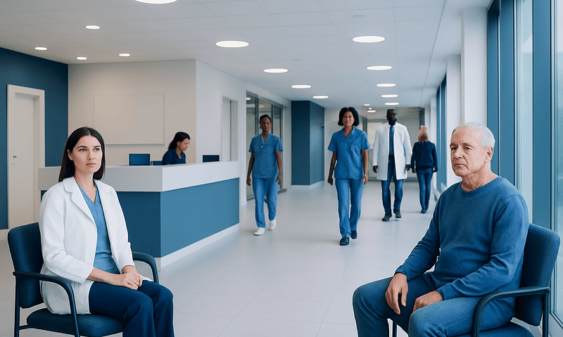 Patients waiting in a modern hospital corridor with medical staff in the background.