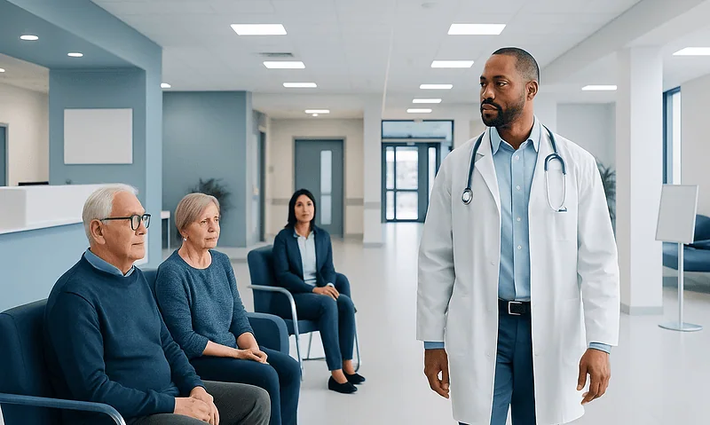 Doctor consulting elderly patients in a hospital waiting area.