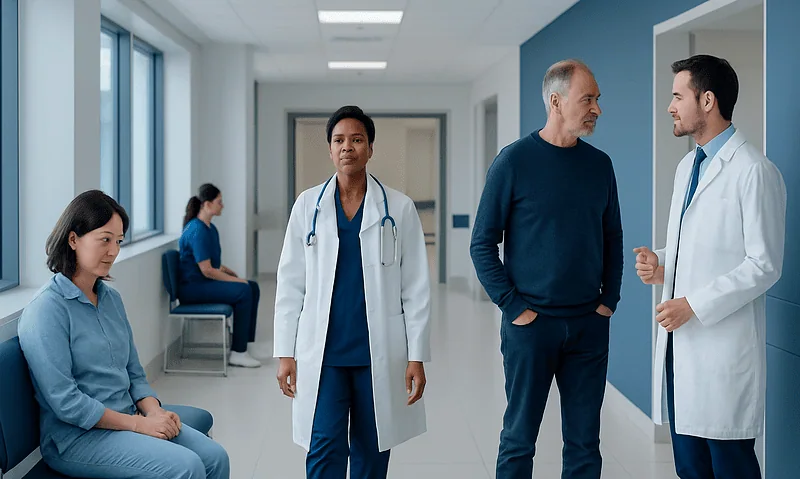 Medical professionals consulting with a patient in a hospital corridor.