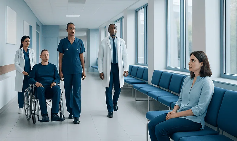 Medical team consulting with patient in hospital corridor.
