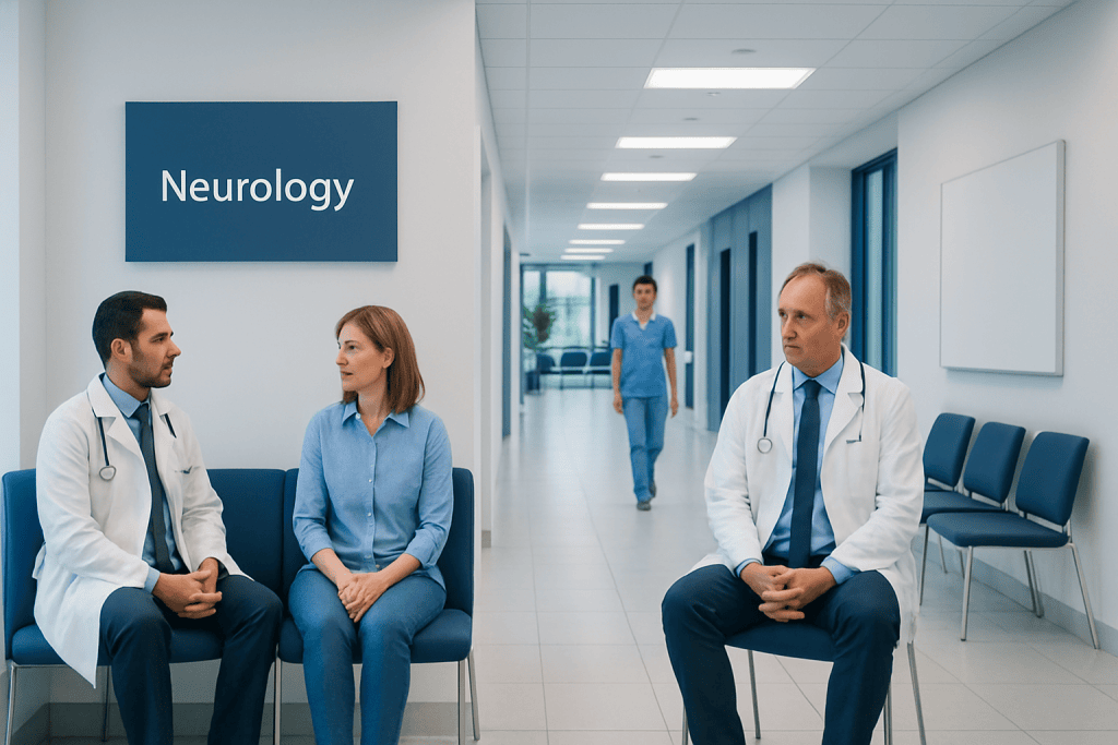 Neurological Sleep Medicine vs Pulmonology Sleep Medicine 1 Medical professionals and patient in a neurology clinic corridor.