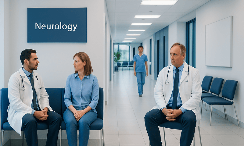 Medical professionals and patient in a neurology clinic corridor.