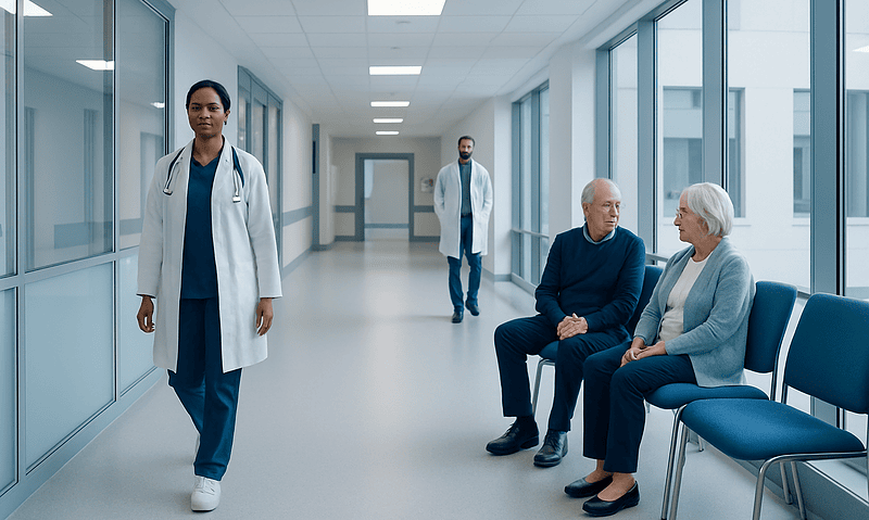 Healthcare professionals and elderly patients in a hospital corridor.