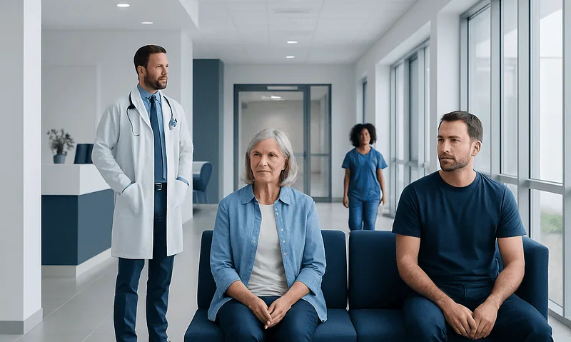 Doctor consulting elderly woman and young man in hospital waiting area.