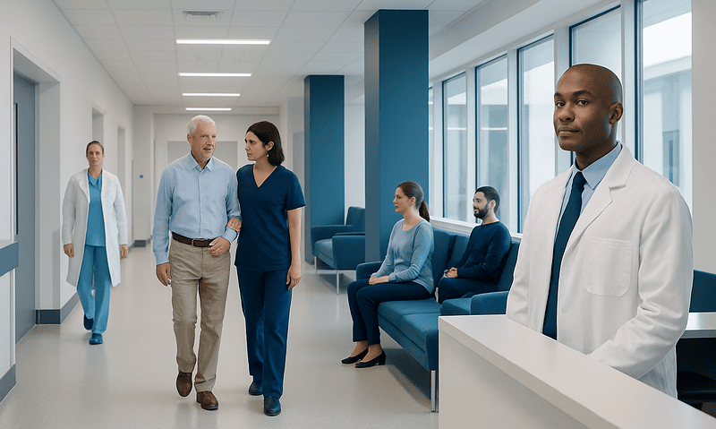 Medical professionals and patients in a modern hospital corridor.