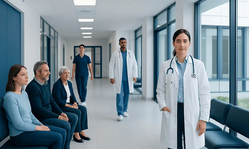 Medical consultation in a hospital corridor with doctors and patients.