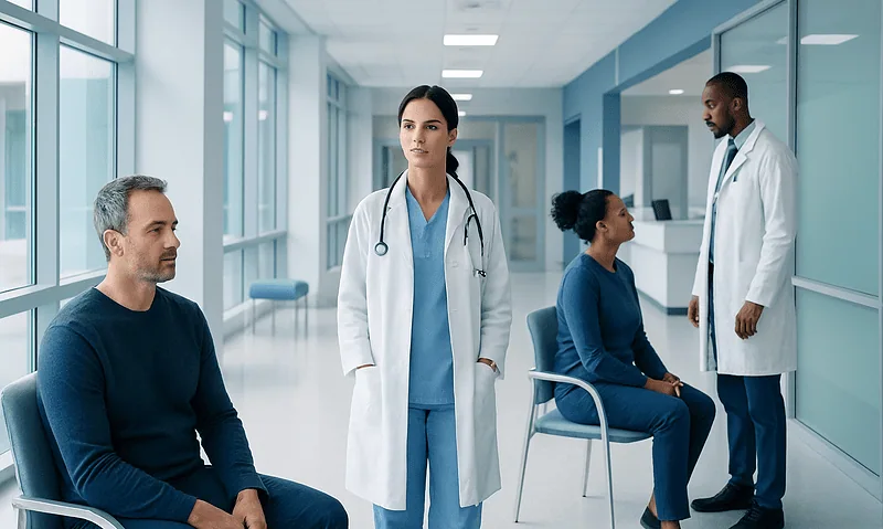 Medical team consulting patients in a modern hospital corridor.