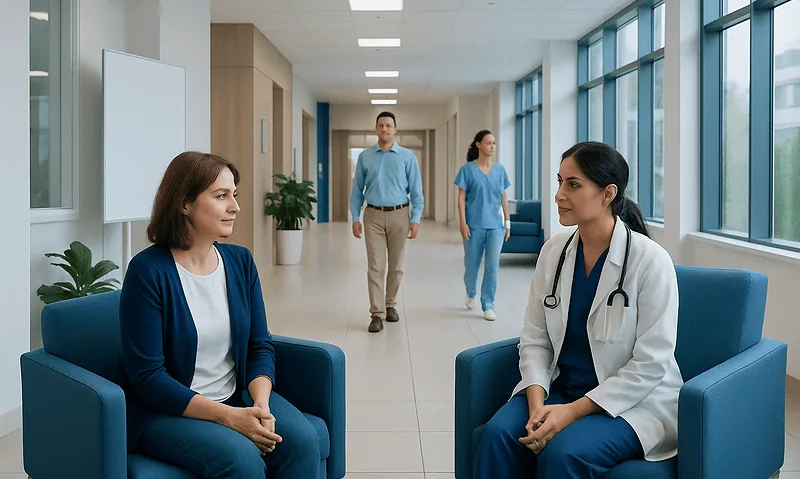 Doctor and patient having a consultation in a modern hospital corridor.
