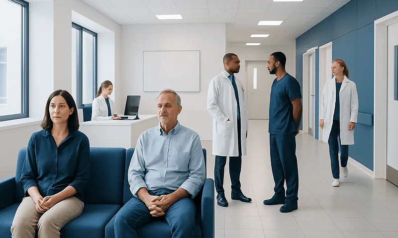 Medical consultation in a modern hospital with doctors and patients.