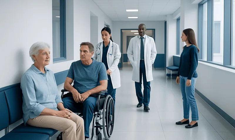 Patients and doctors in a hospital corridor discussing health concerns.