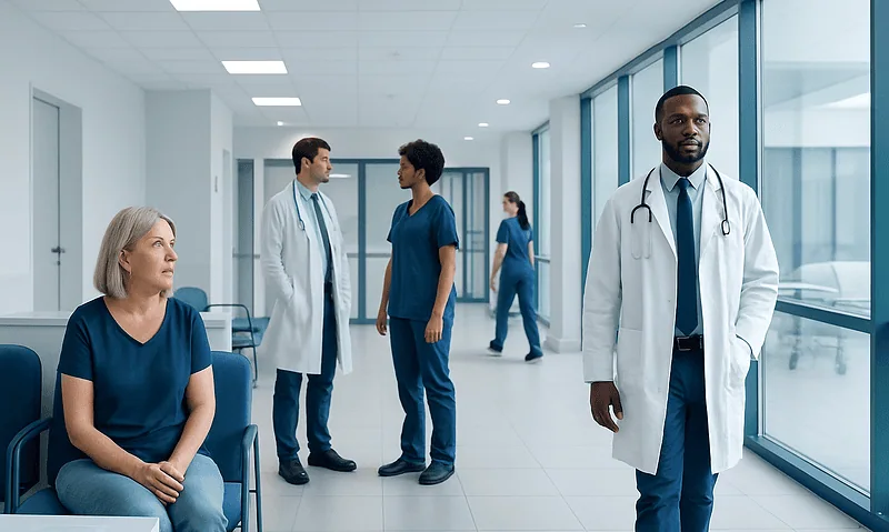 Medical team in hospital corridor discussing patient care and sleep disorders.