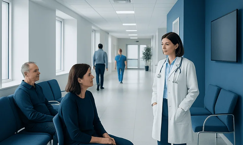 Doctor consulting with patients in a hospital corridor.
