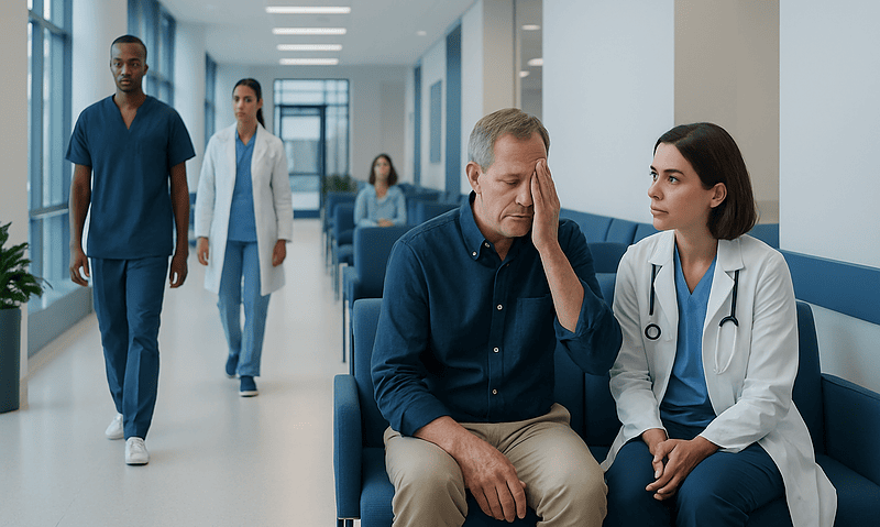 Patient consulting with doctor in hospital corridor.
