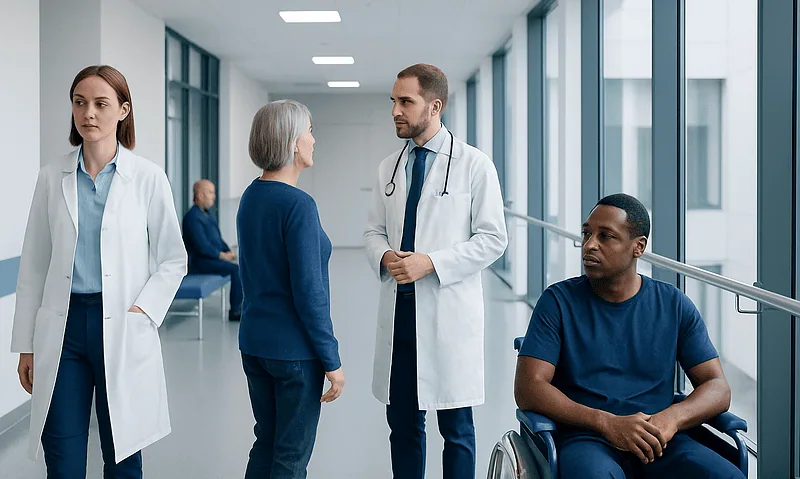 Medical team consulting with elderly patient in hospital corridor.