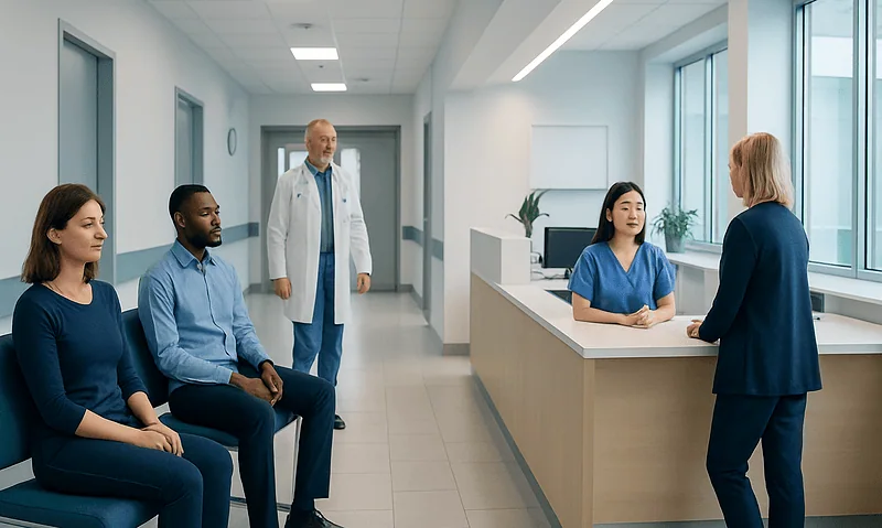 Medical staff and patients in a hospital waiting area at Acibadem Hospitals Group.