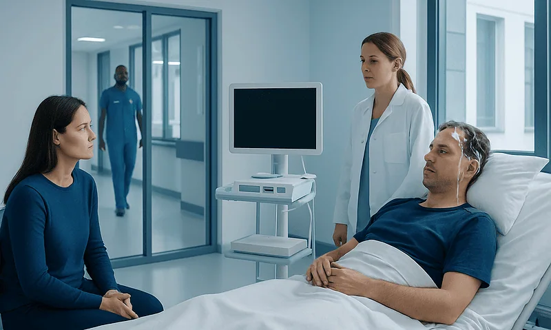 Patient undergoing sleep study in a hospital room with medical staff present.
