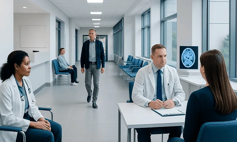 Medical consultation in a hospital corridor with doctors and patients.