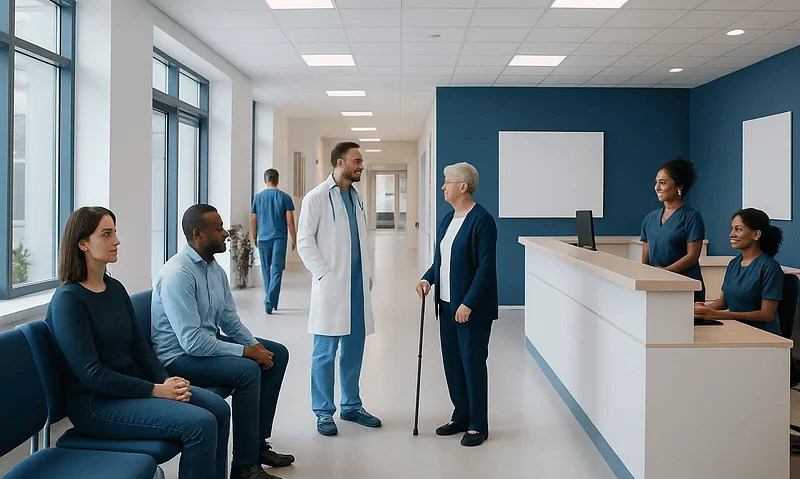 Hospital waiting area with medical staff and patients.