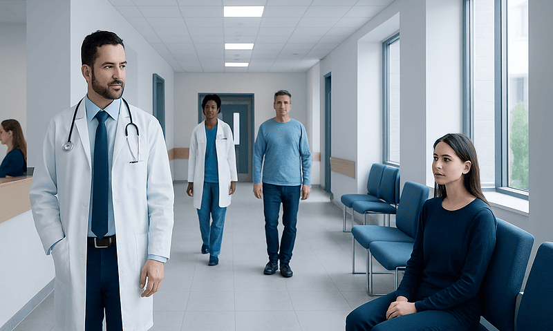 Doctor consulting patient in hospital corridor with staff in background.