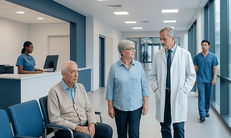 Older adults in a hospital corridor with medical staff and a doctor.