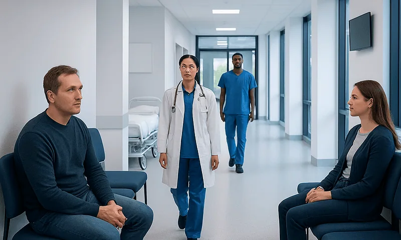 Hospital consultation with doctors and patients in a modern medical facility.