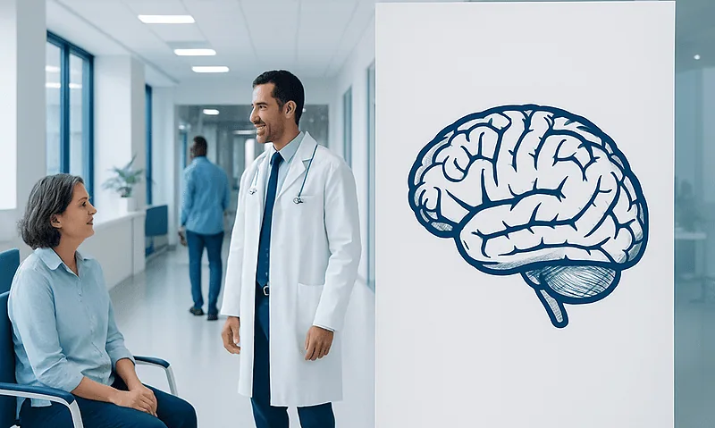 Doctor consulting a patient about brain health in a hospital corridor.